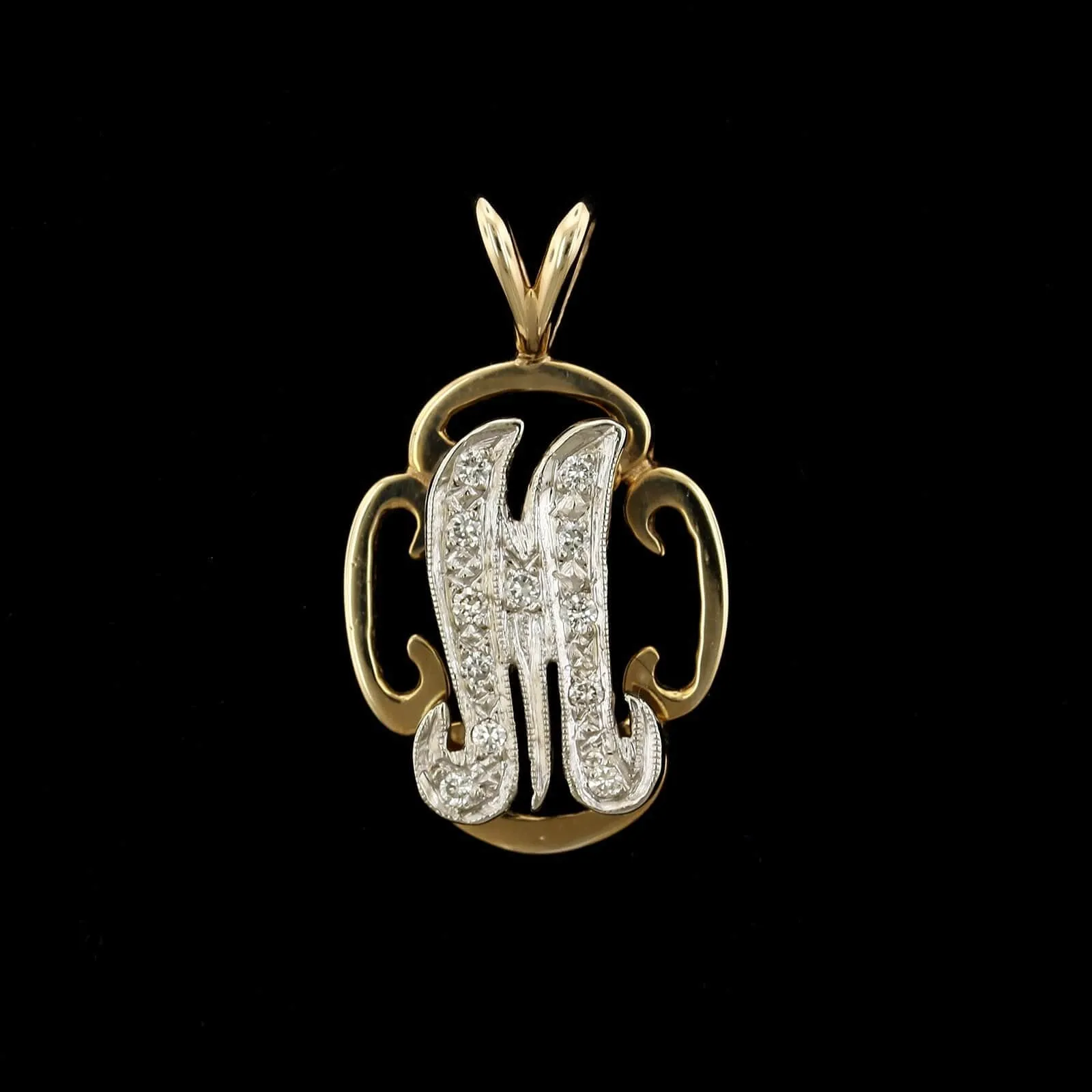 14K Two-tone Gold Estate Diamond Initial M Pendant