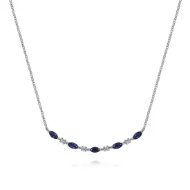 14K White Gold Diamond and Marquise Blue Sapphire Bar Necklace