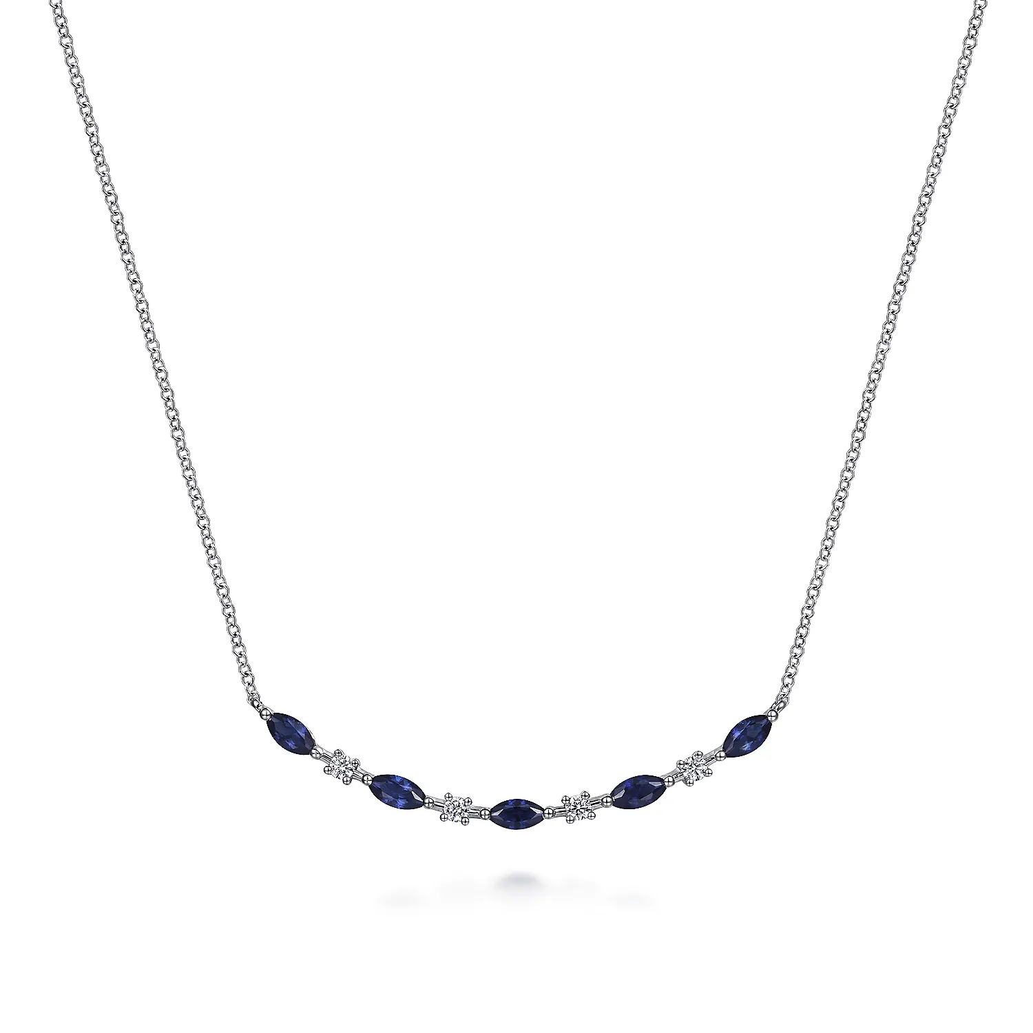 14K White Gold Diamond and Marquise Blue Sapphire Bar Necklace