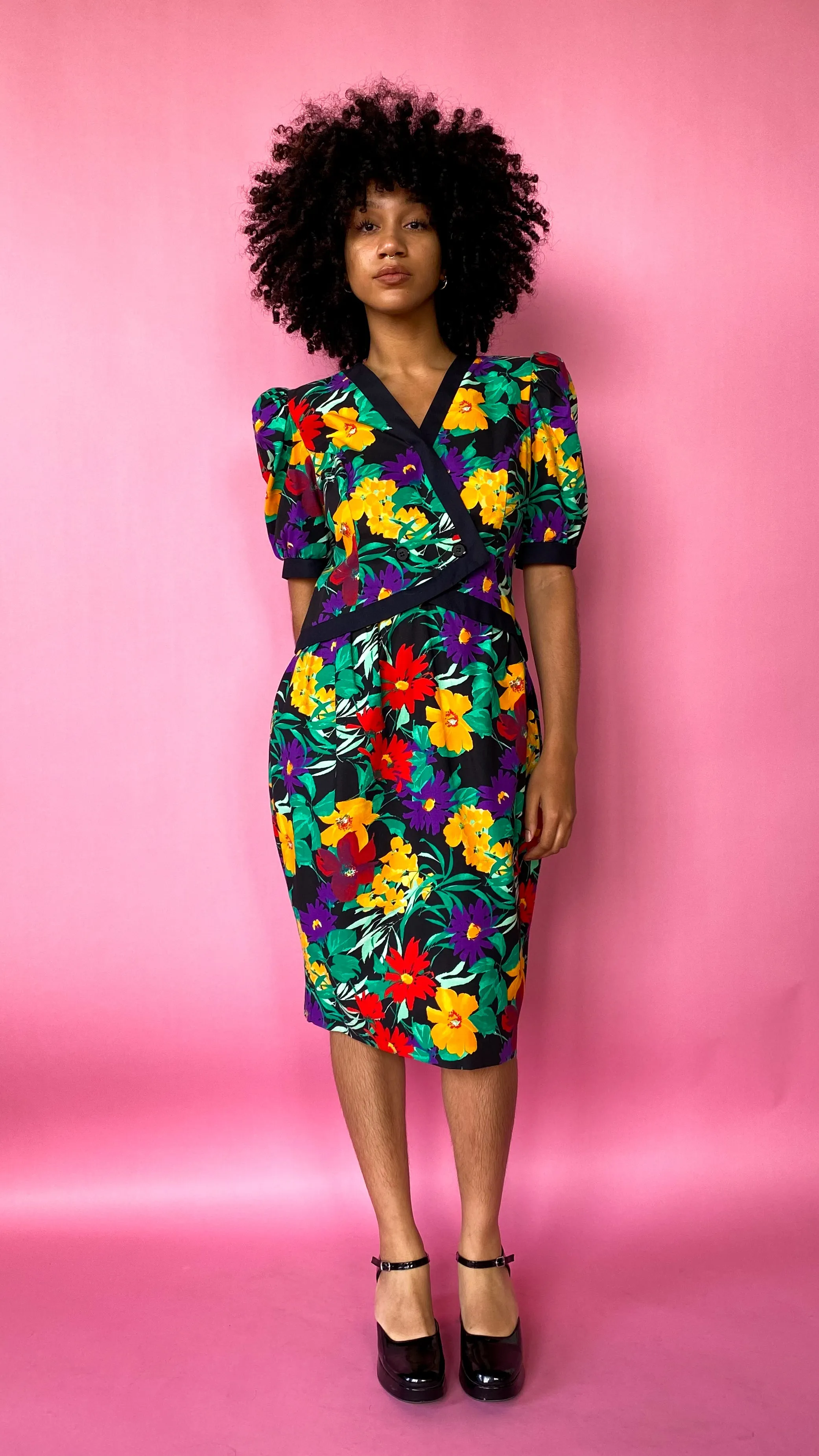 1980s Black Floral Puff-Sleeve Dress, sz. M/L