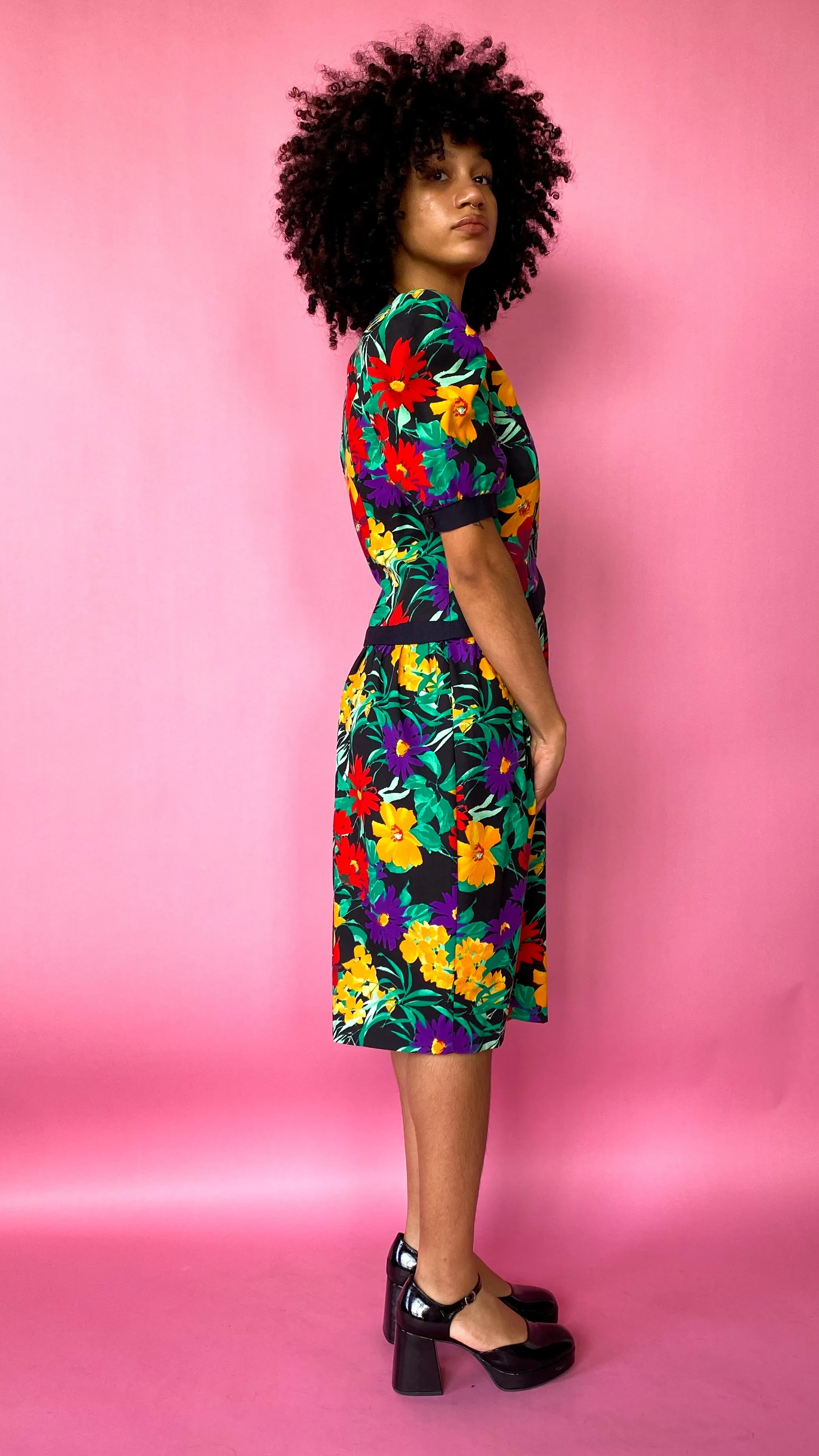 1980s Black Floral Puff-Sleeve Dress, sz. M/L