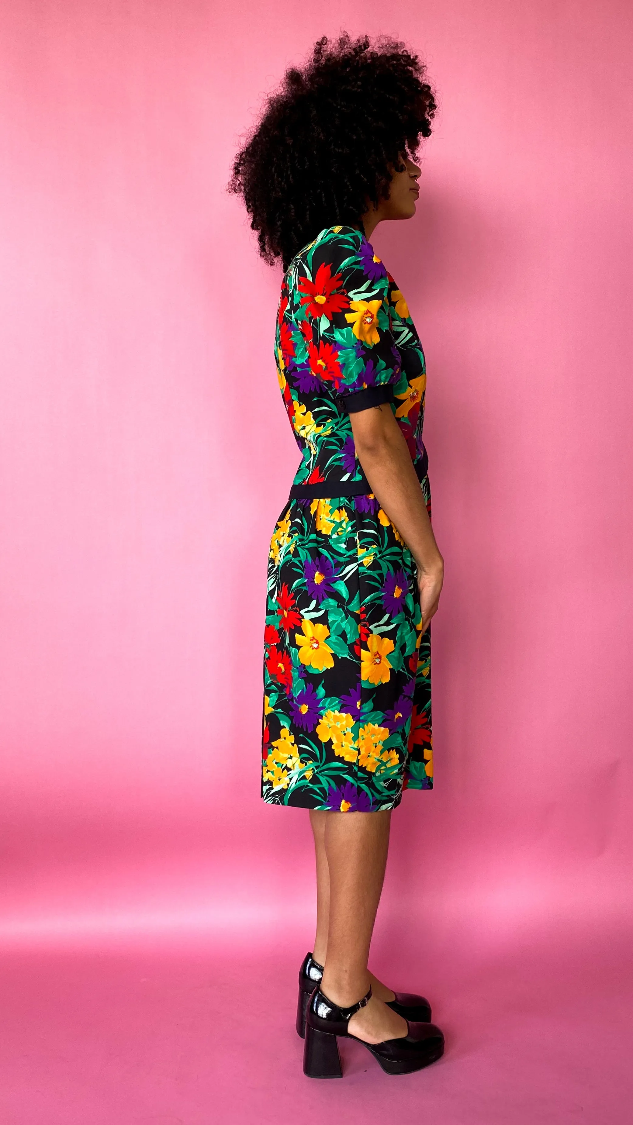 1980s Black Floral Puff-Sleeve Dress, sz. M/L