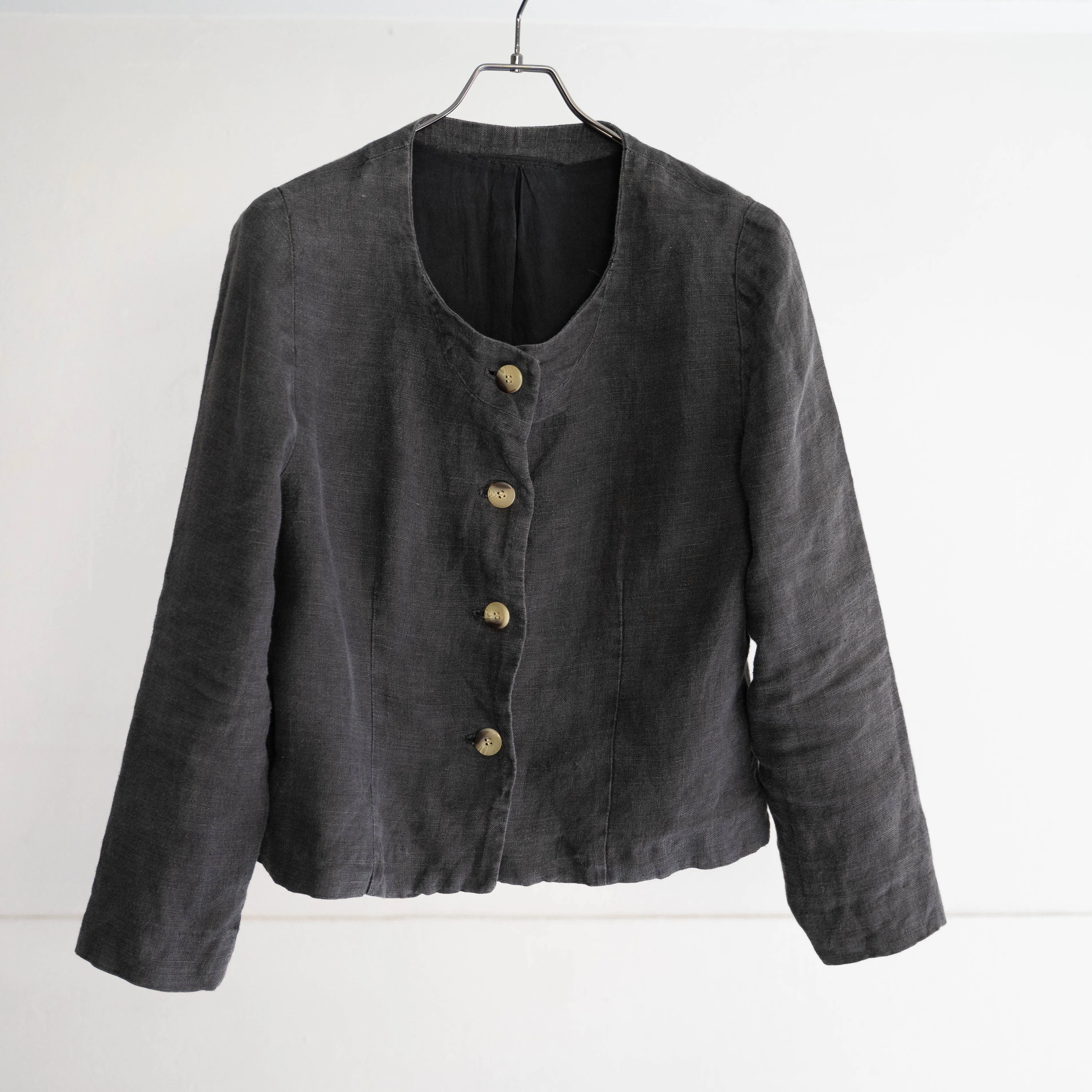 1990s black color linen no collar shirt jacket