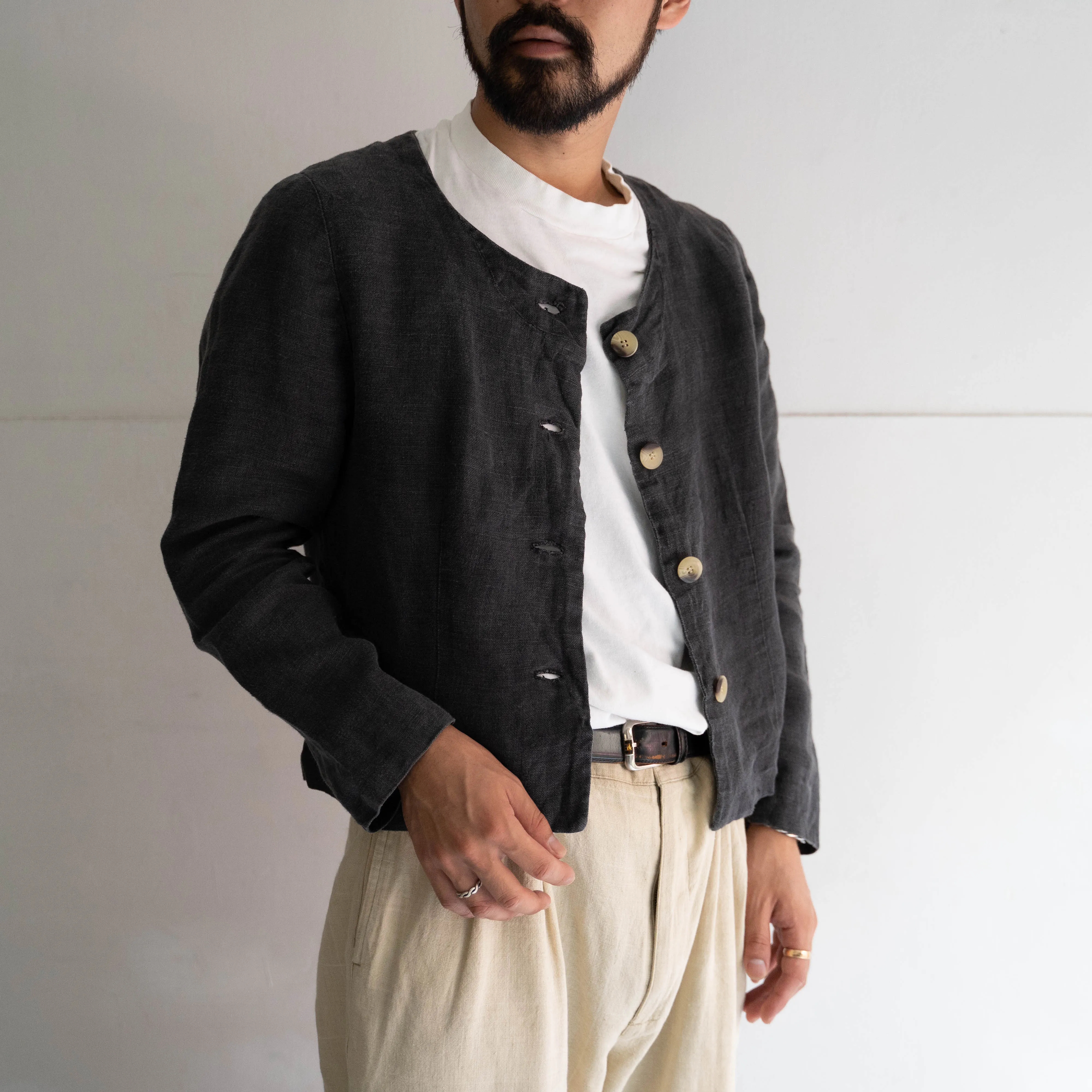 1990s black color linen no collar shirt jacket