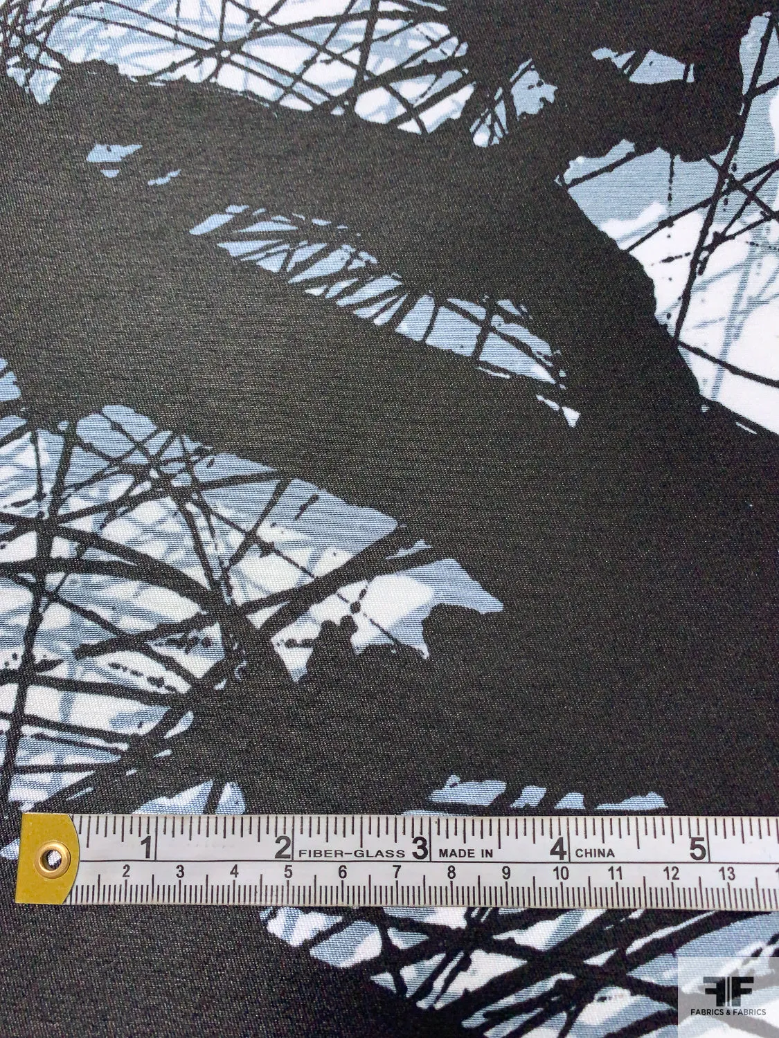 Abstract Splatter Printed Fine Polyester Zibeline - Dusty Blue / Black / Off-White