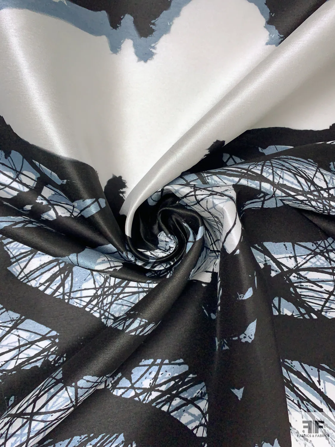 Abstract Splatter Printed Fine Polyester Zibeline - Dusty Blue / Black / Off-White