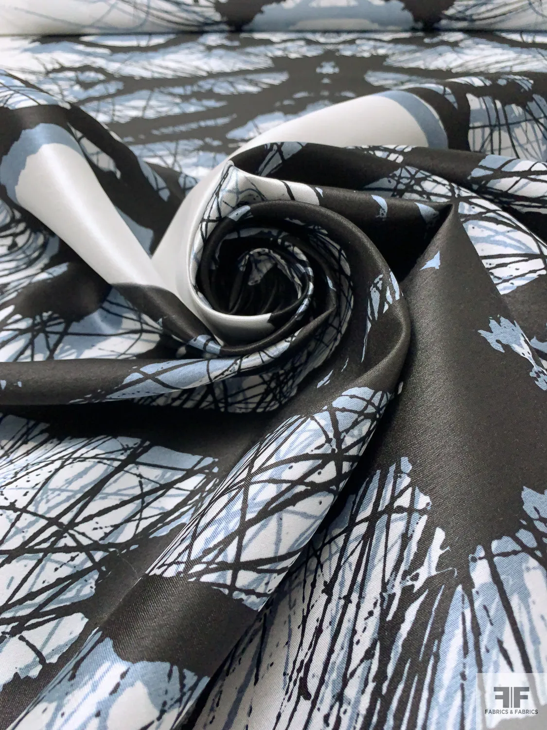 Abstract Splatter Printed Fine Polyester Zibeline - Dusty Blue / Black / Off-White