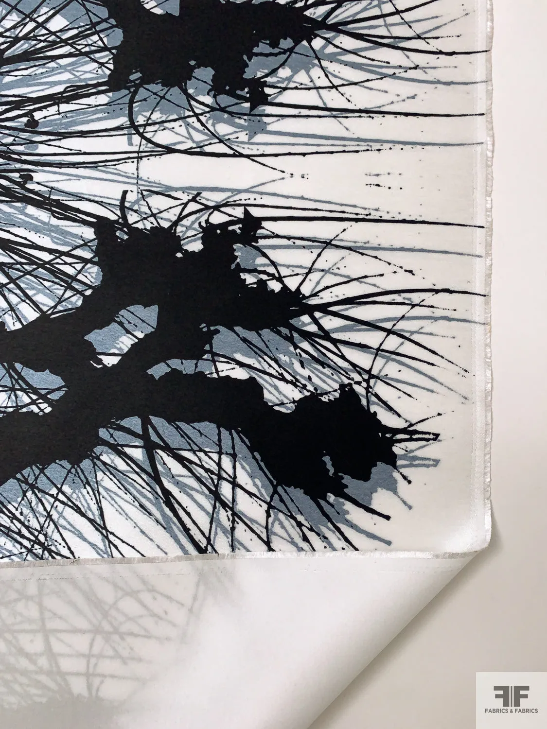 Abstract Splatter Printed Fine Polyester Zibeline - Dusty Blue / Black / Off-White