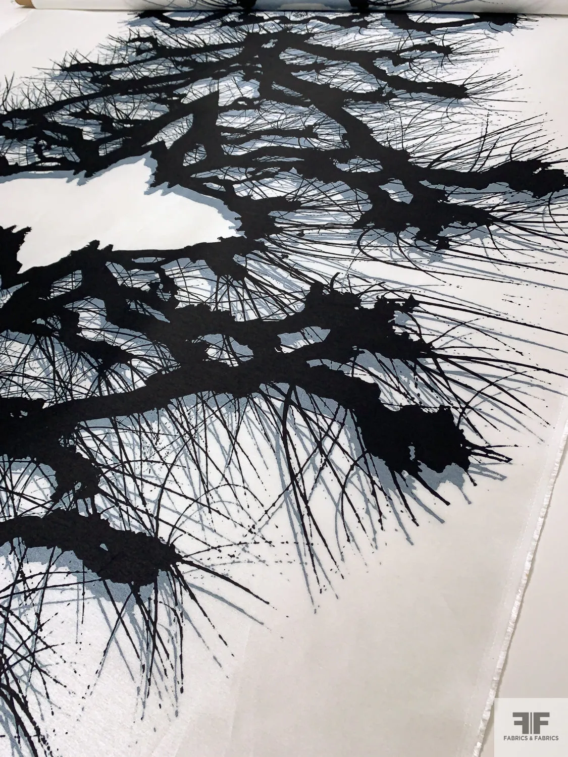 Abstract Splatter Printed Fine Polyester Zibeline - Dusty Blue / Black / Off-White