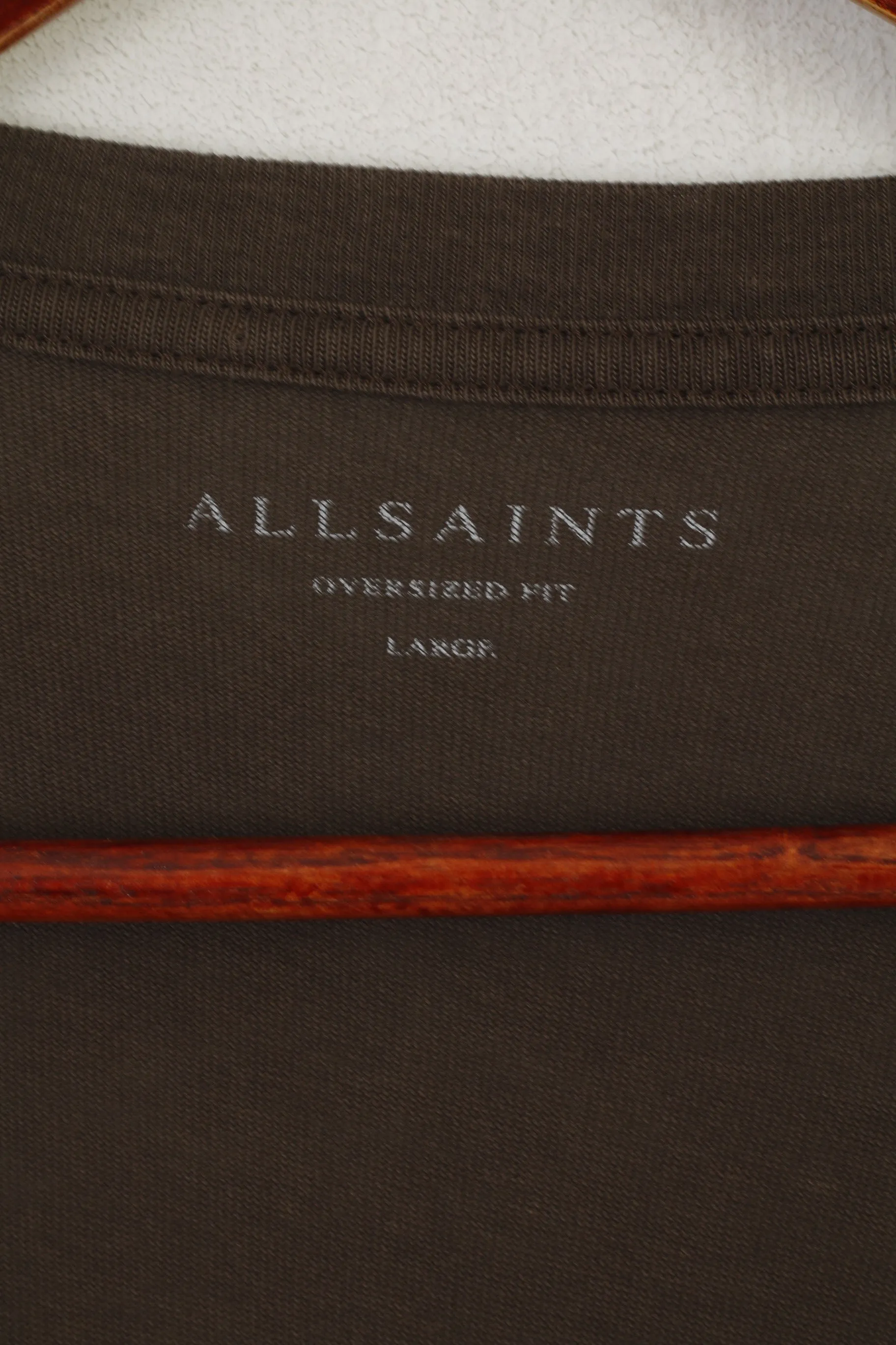 AllSaints Men L Shirt Brown Oversized Fit Mars SS Crew Neck Lyocell Top