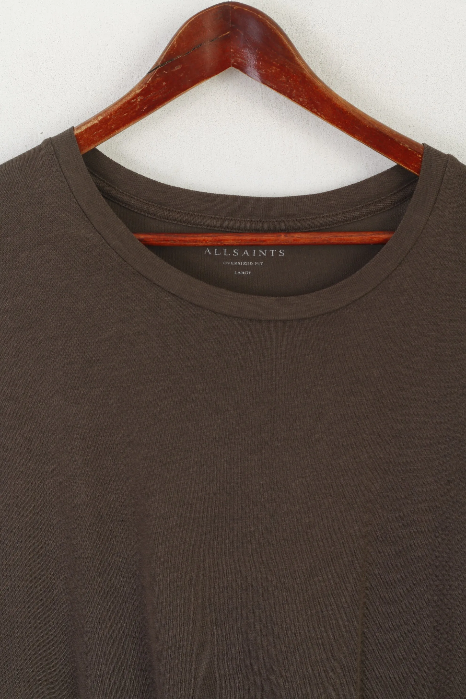 AllSaints Men L Shirt Brown Oversized Fit Mars SS Crew Neck Lyocell Top