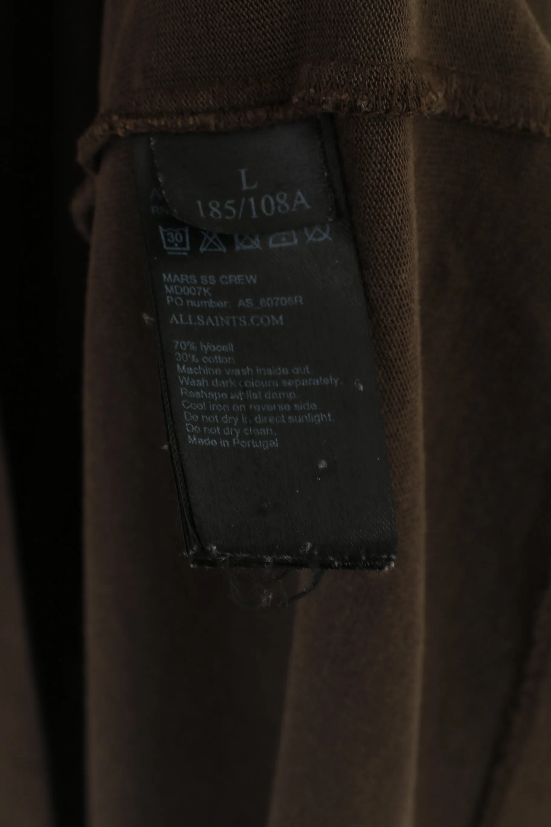 AllSaints Men L Shirt Brown Oversized Fit Mars SS Crew Neck Lyocell Top