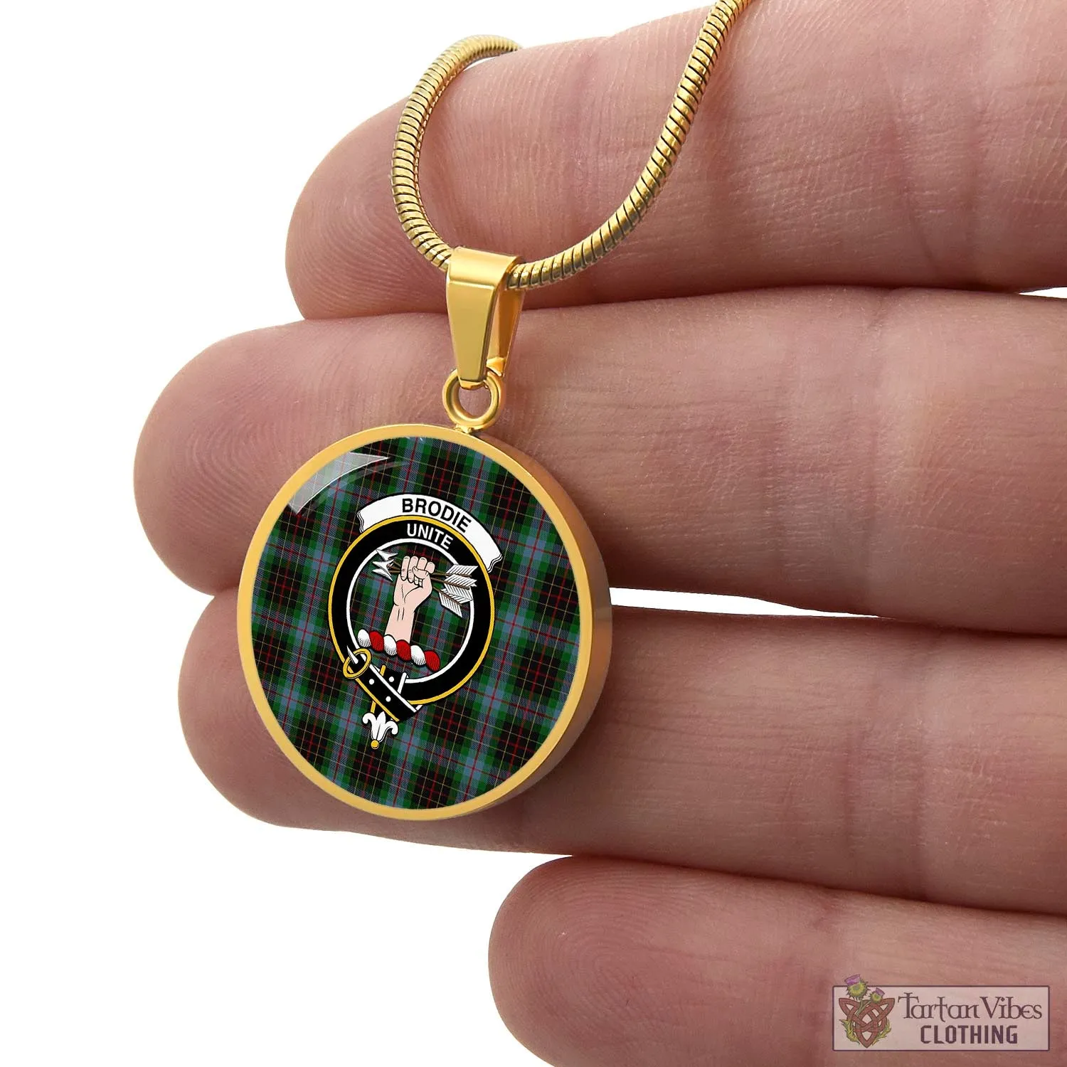 Brodie Hunting Tartan Circle Necklace with Family Crest