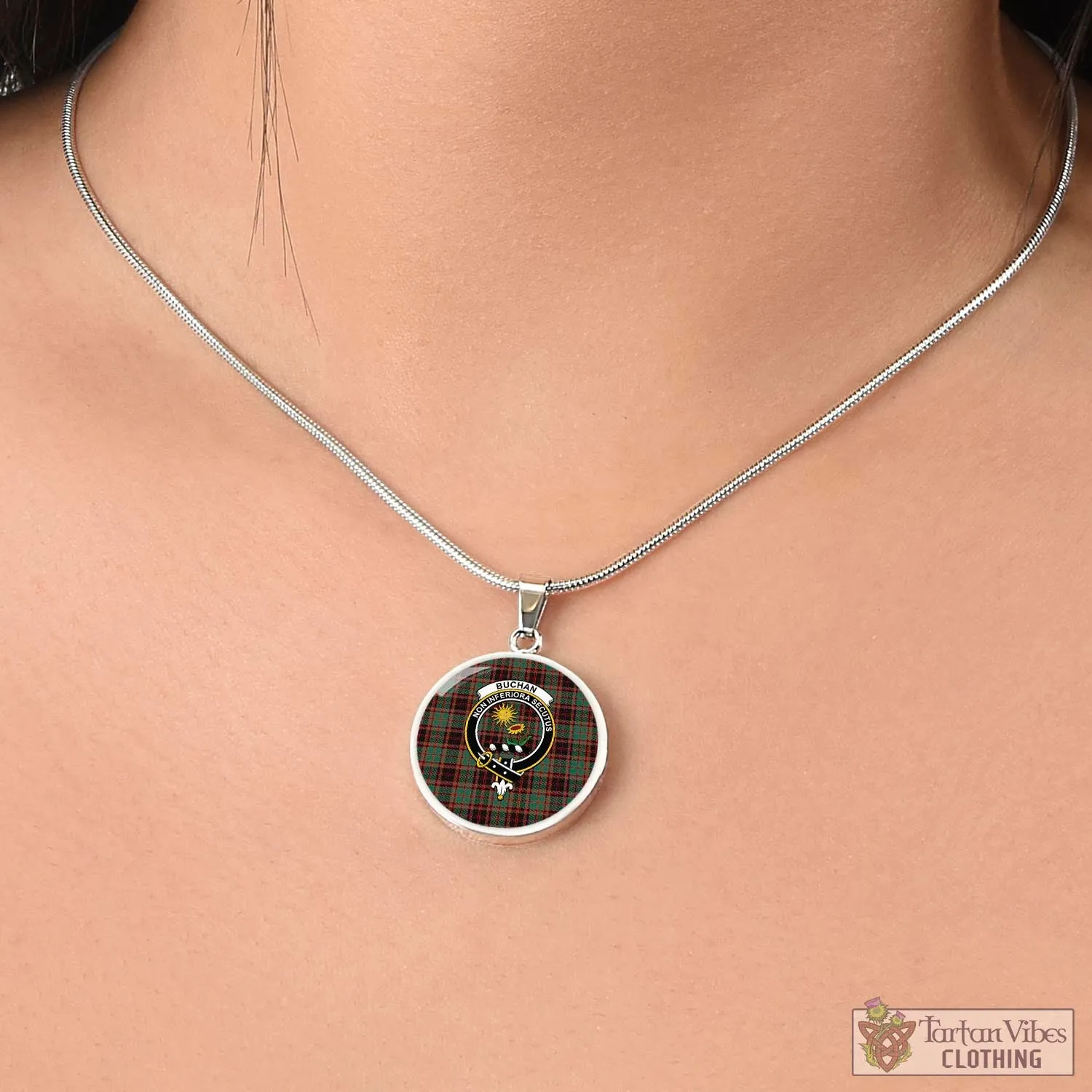 Buchan Ancient Tartan Circle Necklace with Family Crest