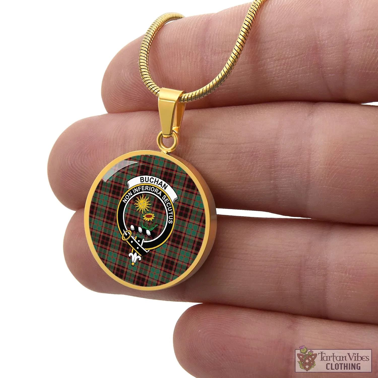 Buchan Ancient Tartan Circle Necklace with Family Crest