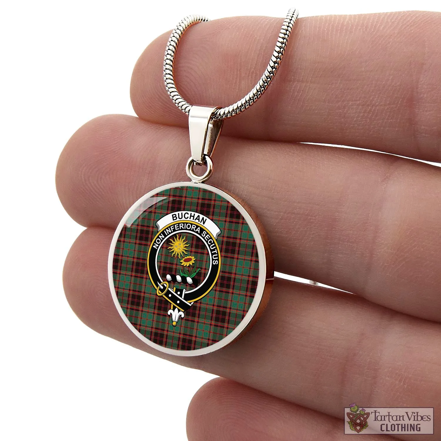 Buchan Ancient Tartan Circle Necklace with Family Crest