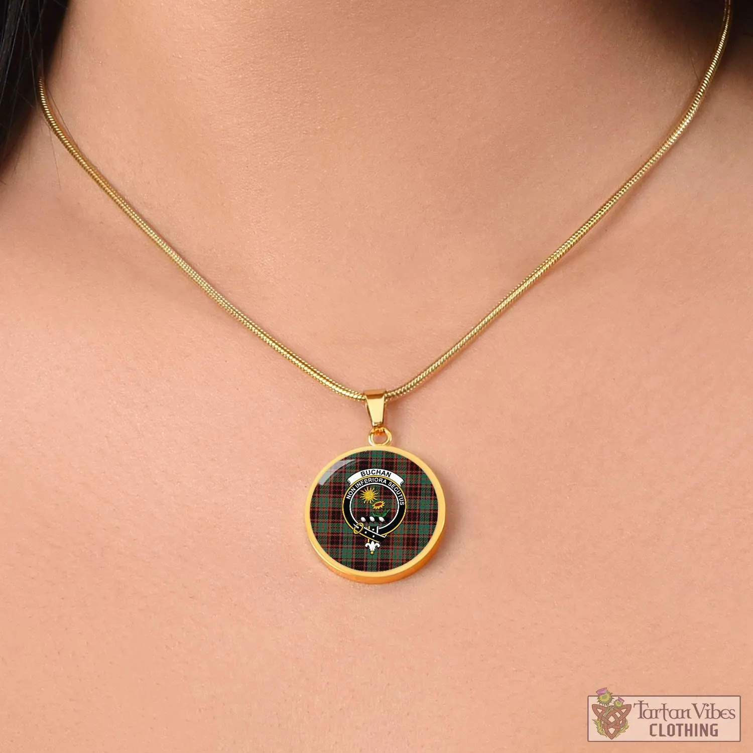 Buchan Ancient Tartan Circle Necklace with Family Crest