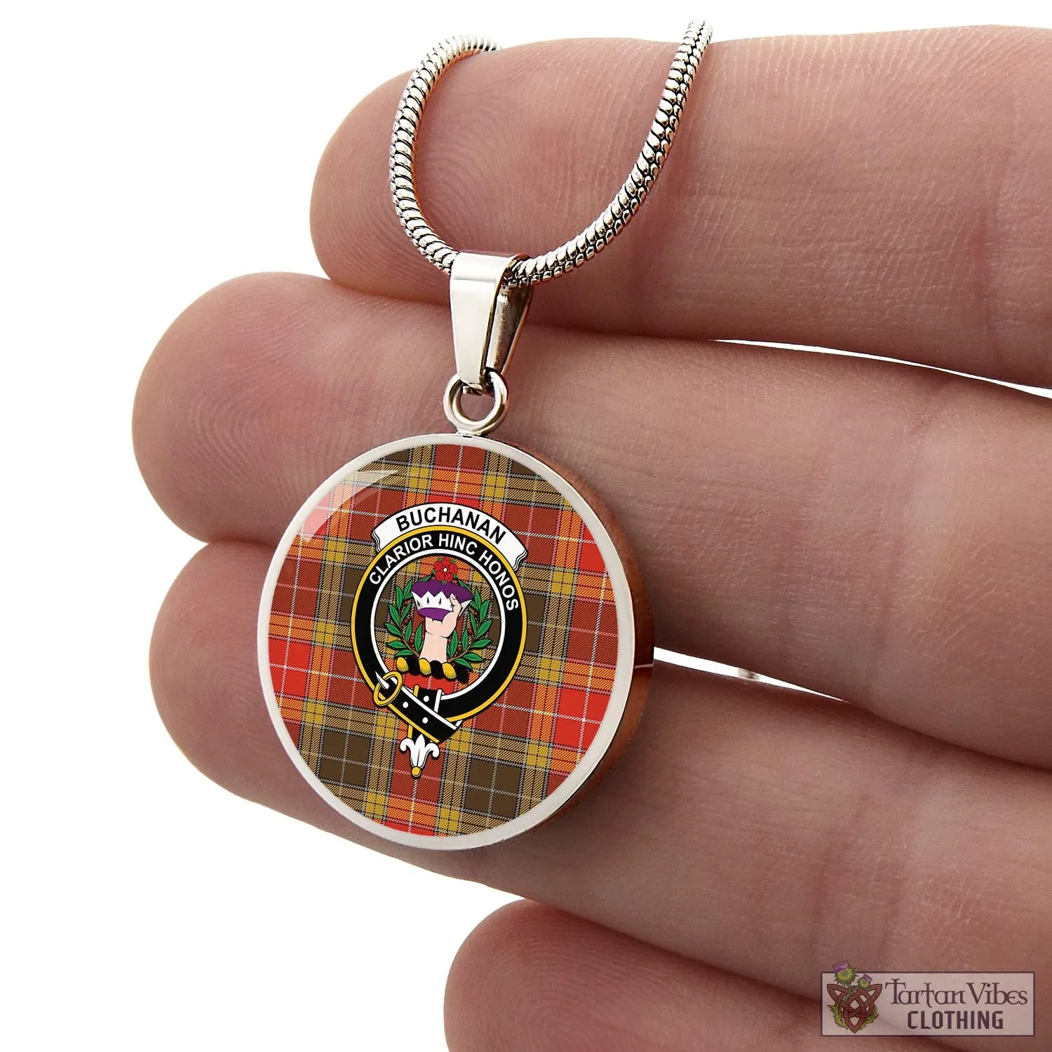 Buchanan Old Set Weathered Tartan Circle Necklace with Family Crest