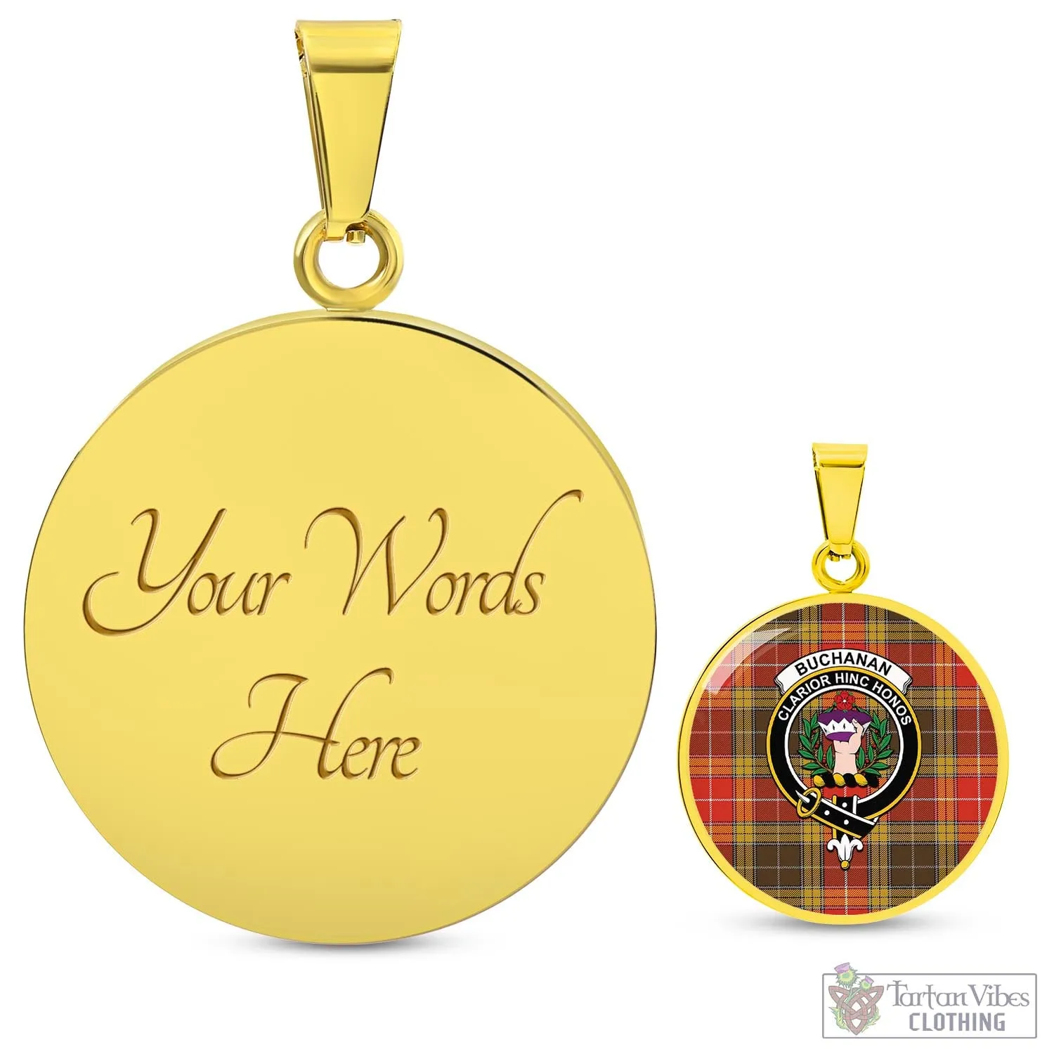 Buchanan Old Set Weathered Tartan Circle Necklace with Family Crest
