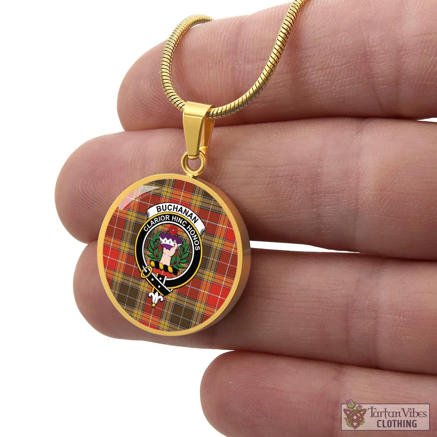 Buchanan Old Set Weathered Tartan Circle Necklace with Family Crest