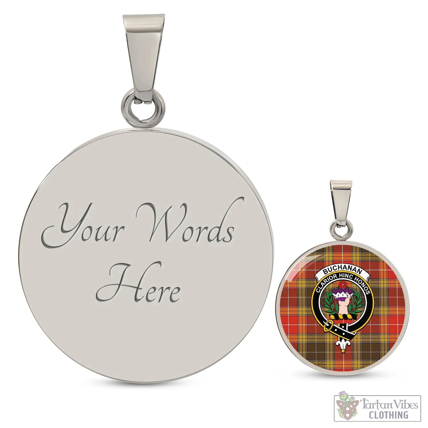 Buchanan Old Set Weathered Tartan Circle Necklace with Family Crest