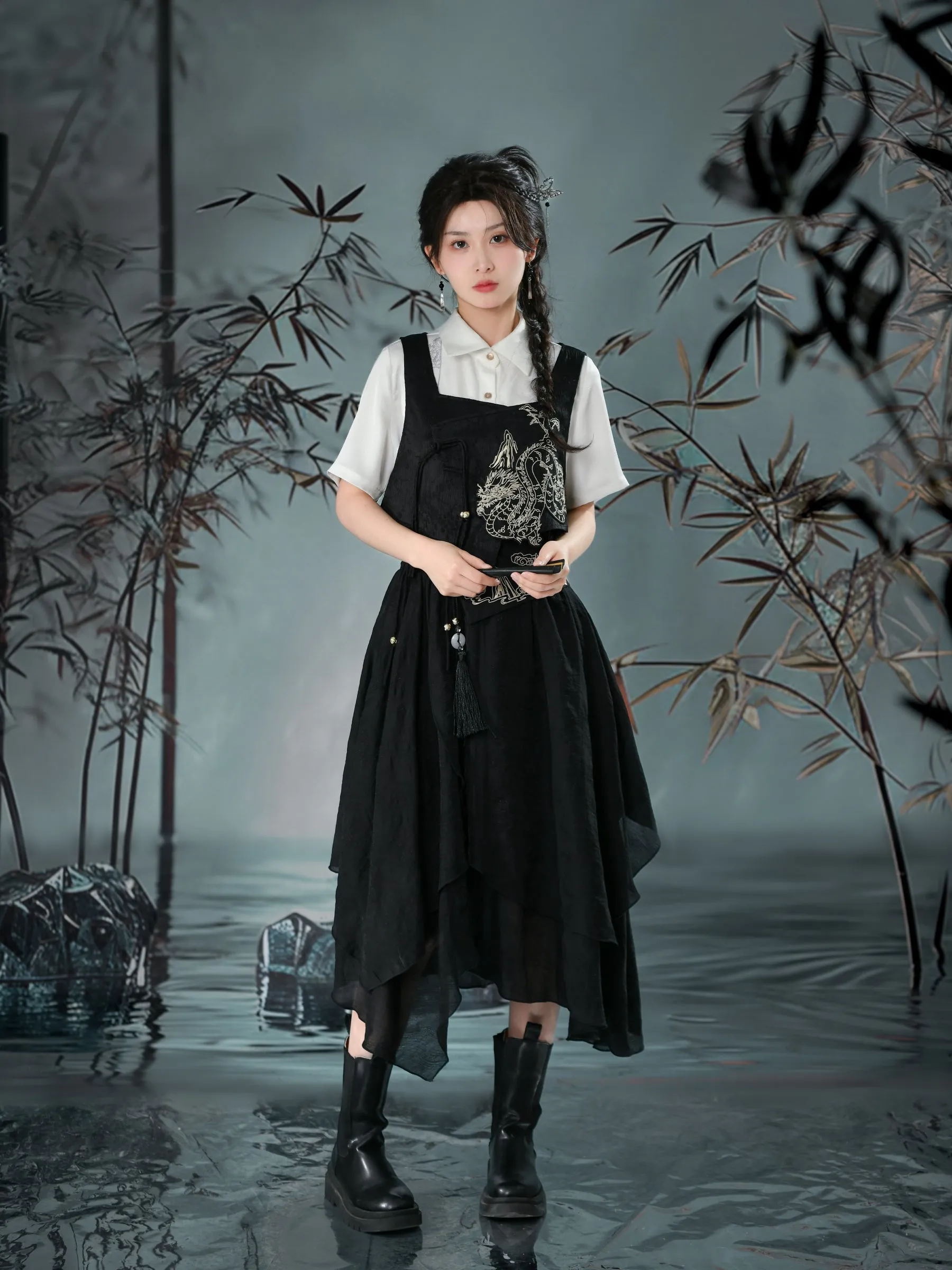 Cloud Dragon Chinese Style Embroidered Textured Shirt