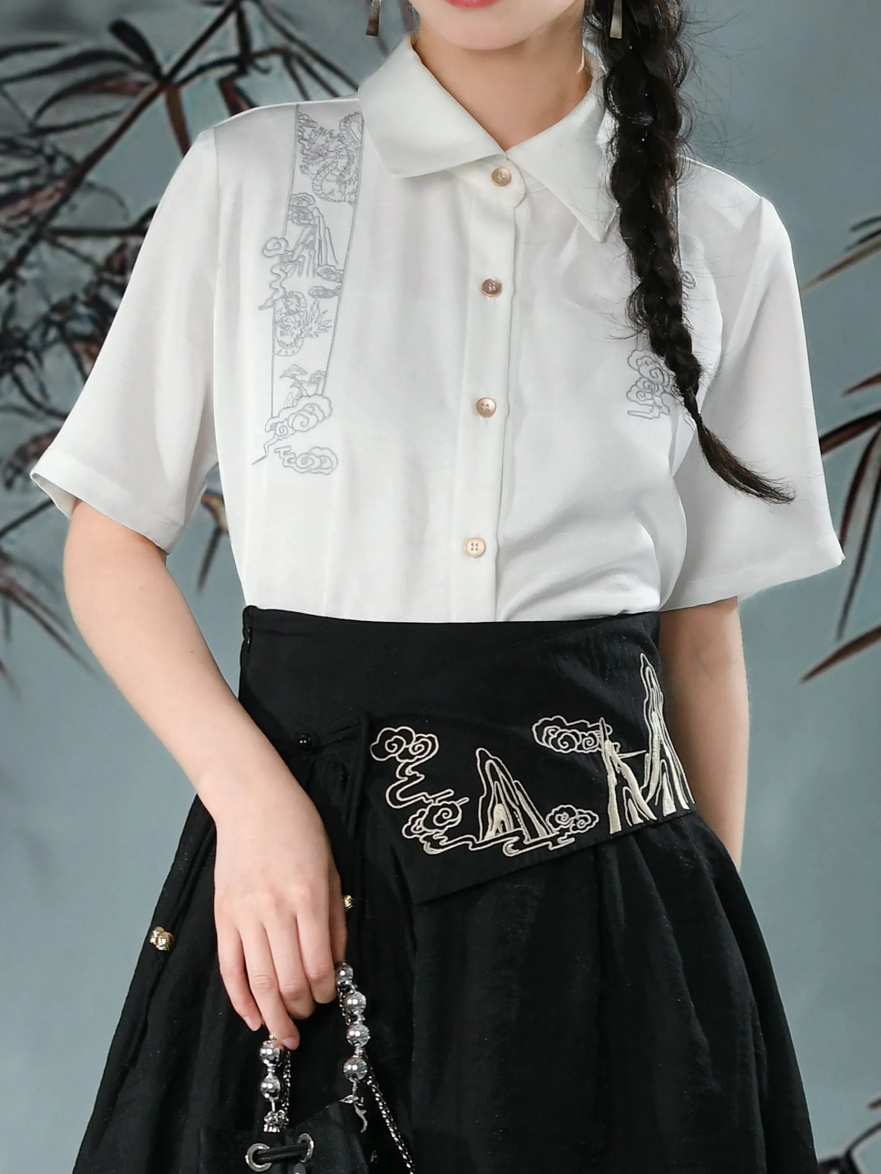 Cloud Dragon Chinese Style Embroidered Textured Shirt
