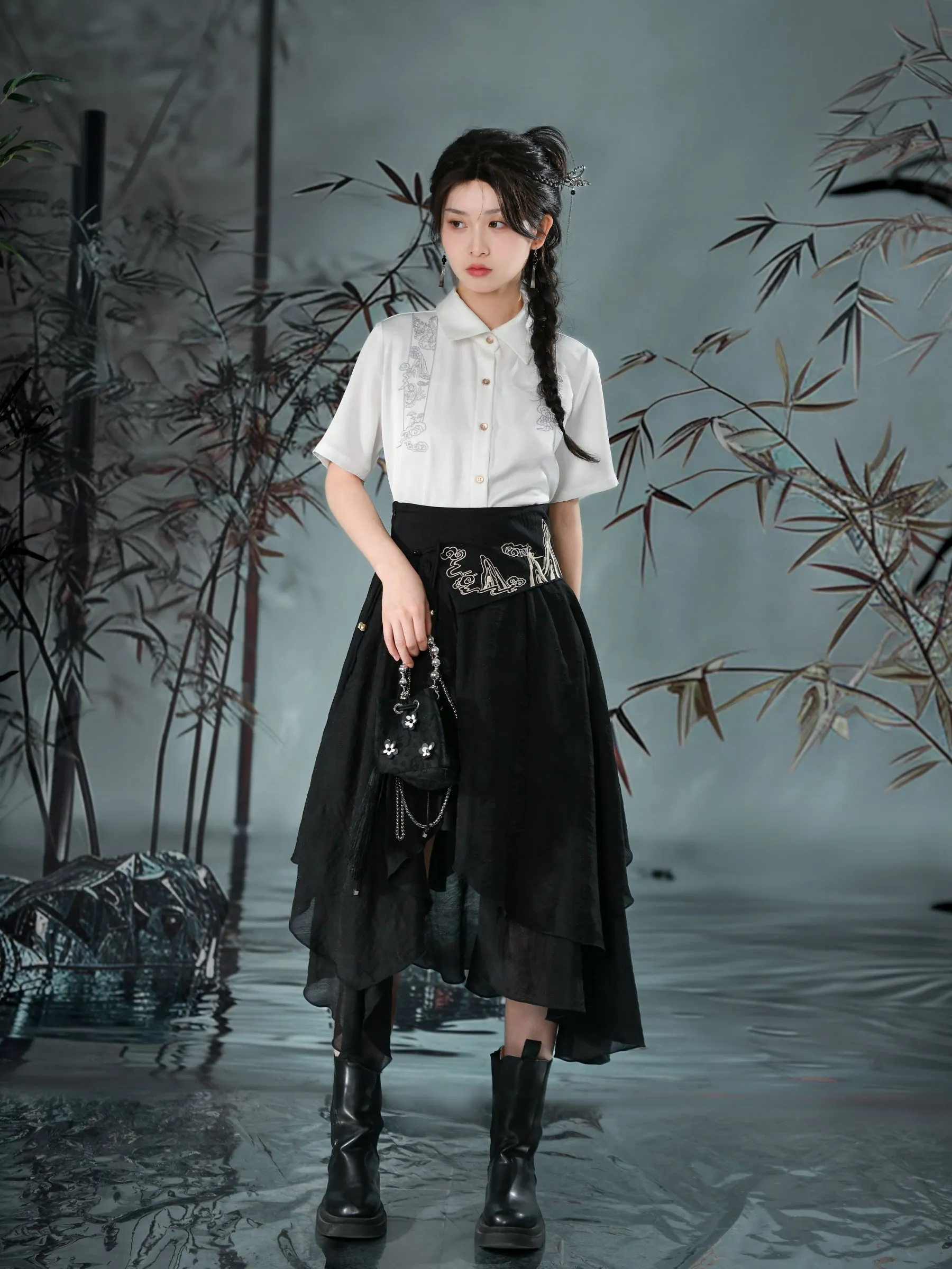 Cloud Dragon Chinese Style Embroidered Textured Shirt