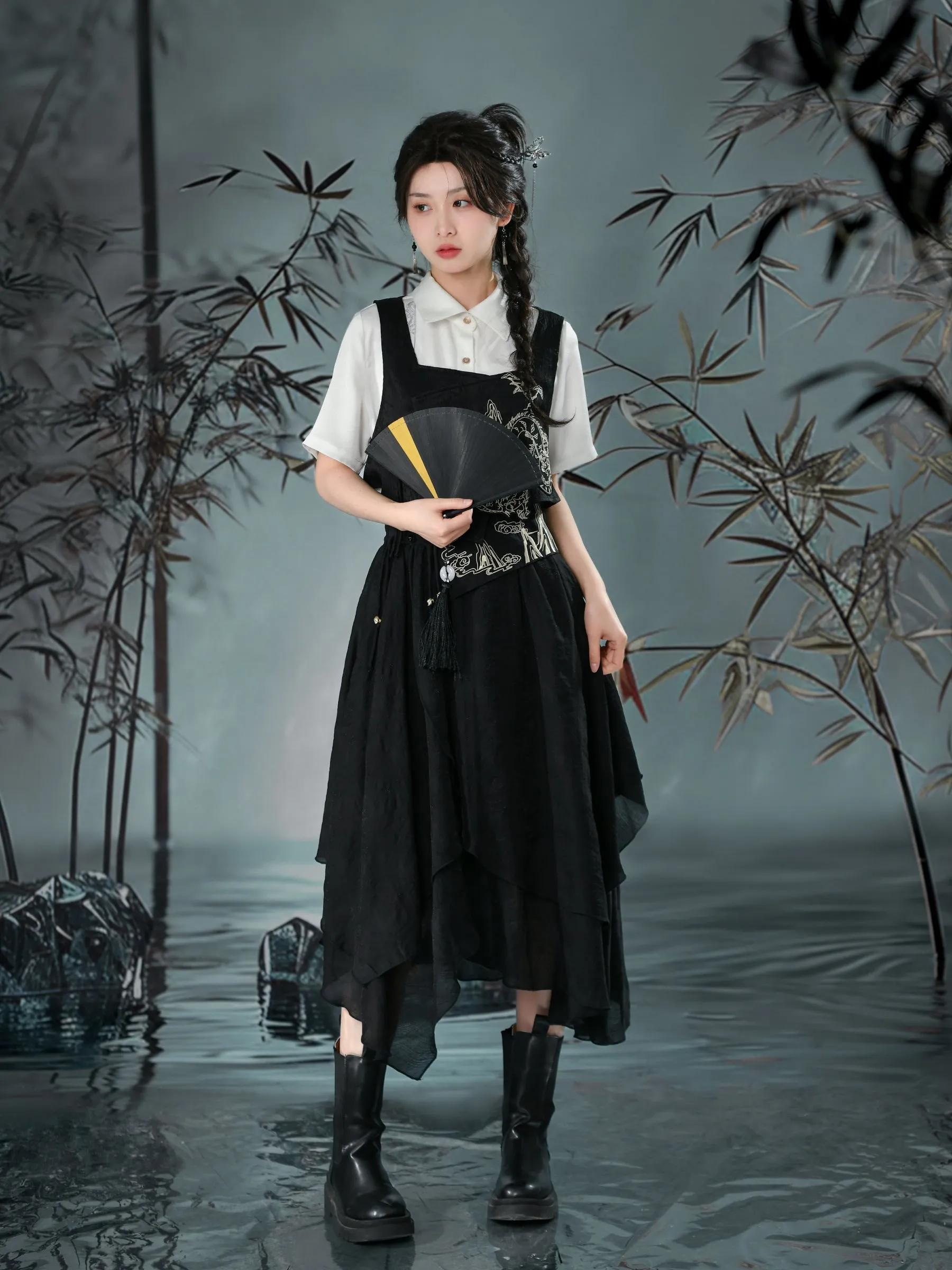 Cloud Dragon Chinese Style Embroidered Textured Shirt