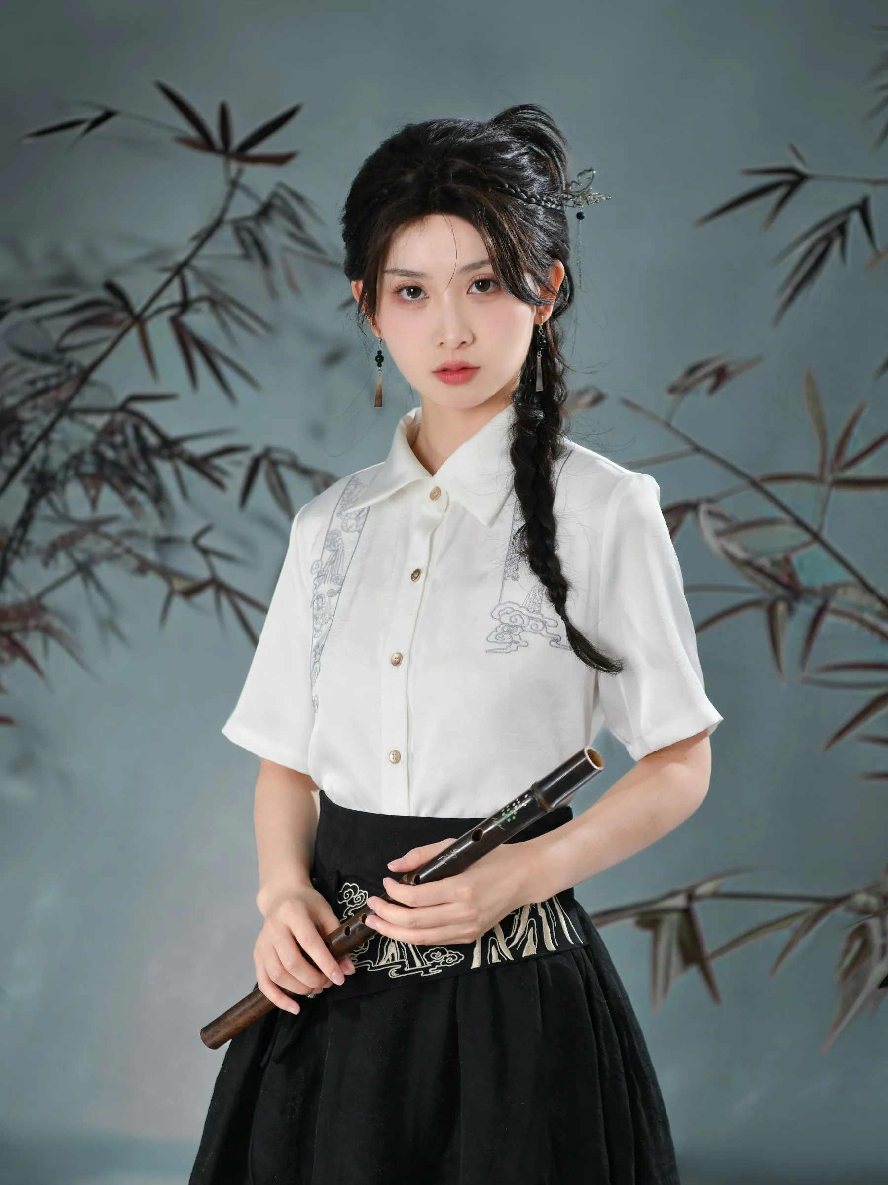 Cloud Dragon Chinese Style Embroidered Textured Shirt
