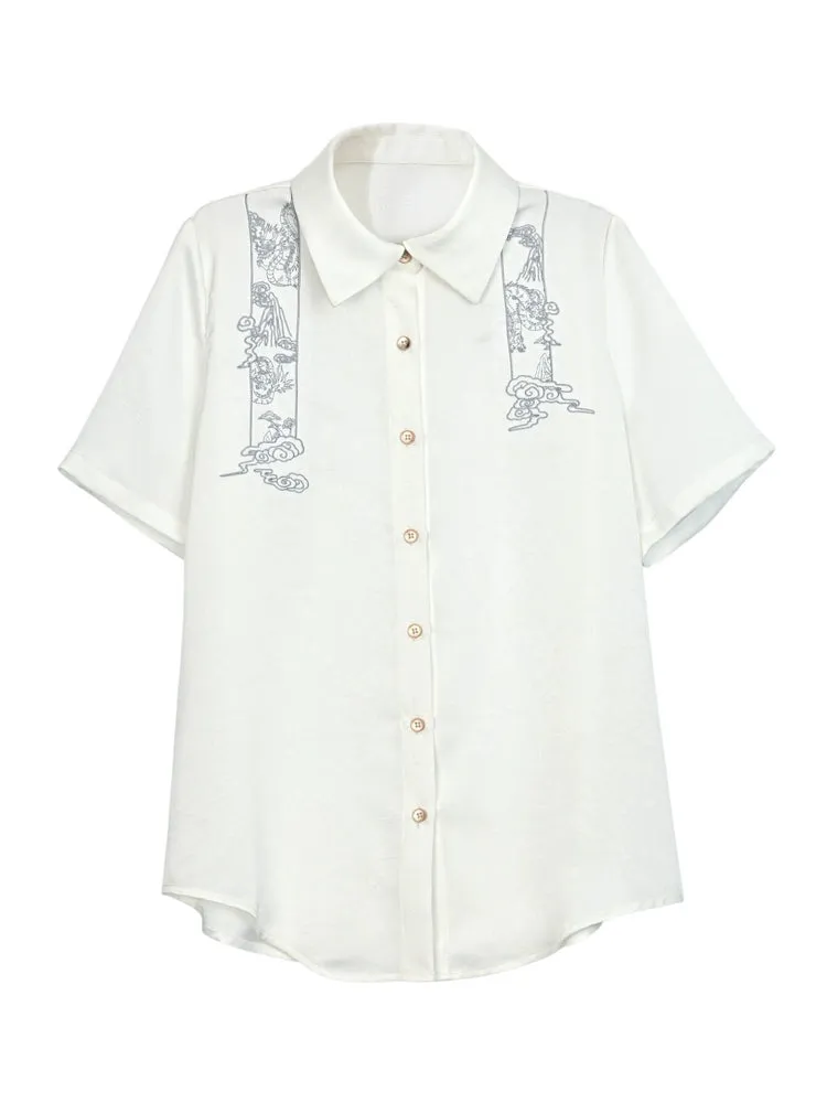 Cloud Dragon Chinese Style Embroidered Textured Shirt