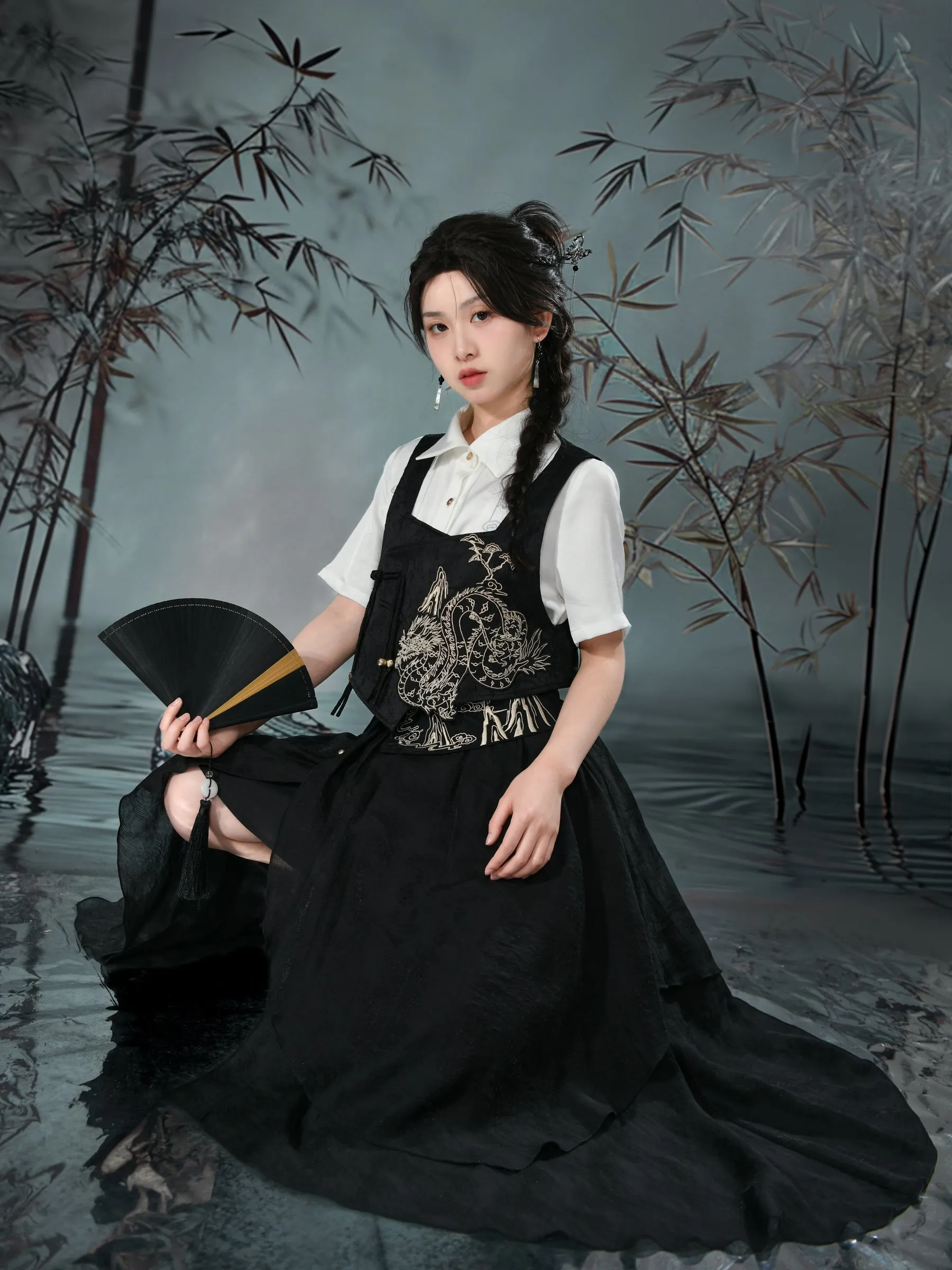 Cloud Dragon Chinese Style Embroidered Textured Shirt