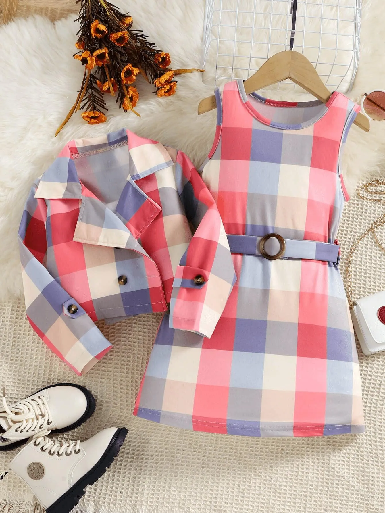 GIRLS PLAID JACKET AND SLEEVELESS DRESS SET