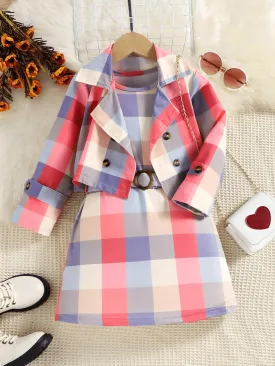 GIRLS PLAID JACKET AND SLEEVELESS DRESS SET