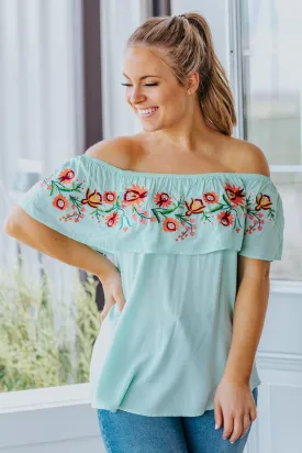 Give Me Some Of That Floral Embroidery Detail Off-Shoulder Top in Peppermint