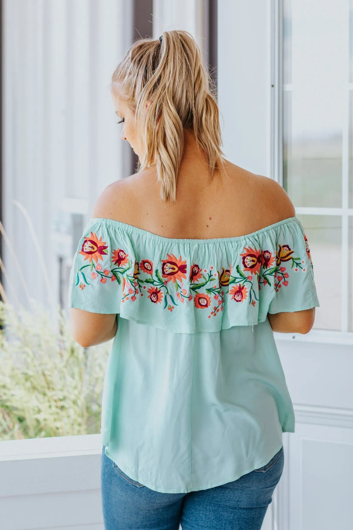 Give Me Some Of That Floral Embroidery Detail Off-Shoulder Top in Peppermint