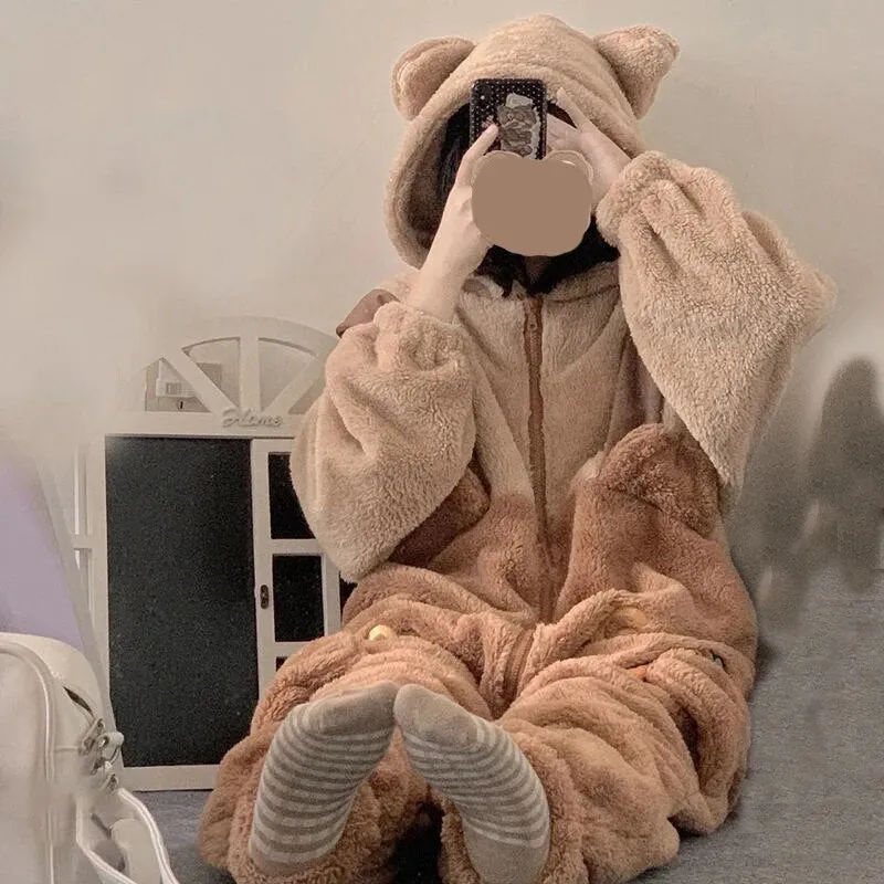 Kawaii Cute Hooded Ears Brown Bear Warm Fluffy Onesie