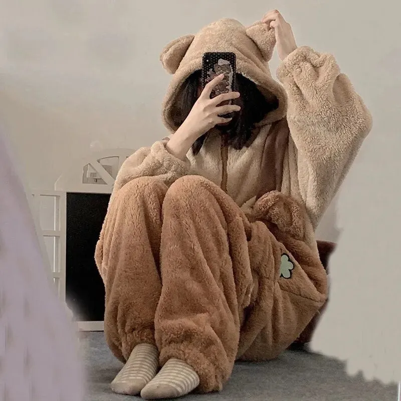 Kawaii Cute Hooded Ears Brown Bear Warm Fluffy Onesie