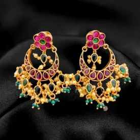 Matte Gold Red & Green Kemp Chaandbali Earring