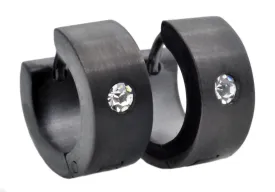 Mens 14mm Black Plated Stainless Steel Hoop Earrings With Cubic Zirconia