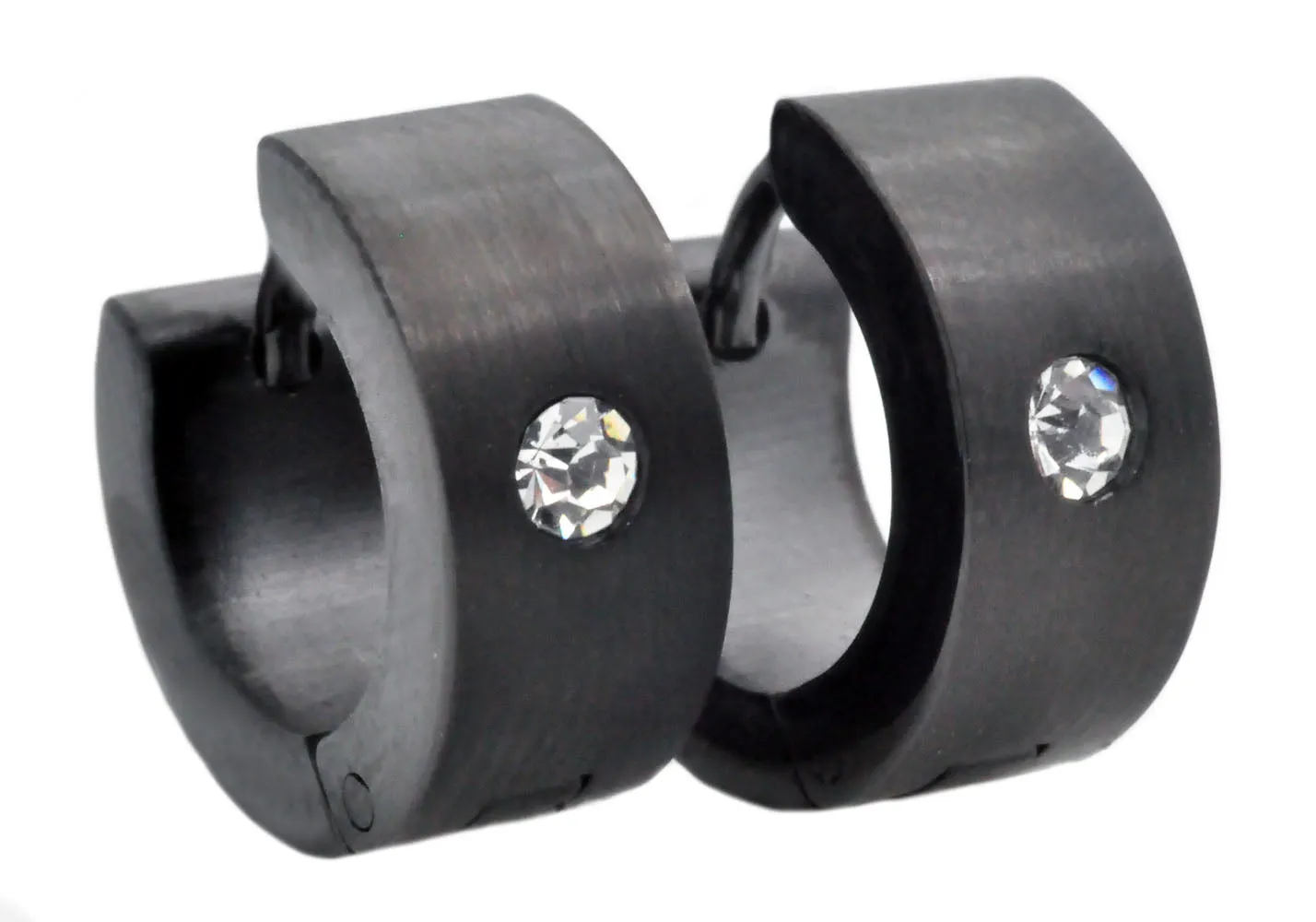 Mens 14mm Black Plated Stainless Steel Hoop Earrings With Cubic Zirconia