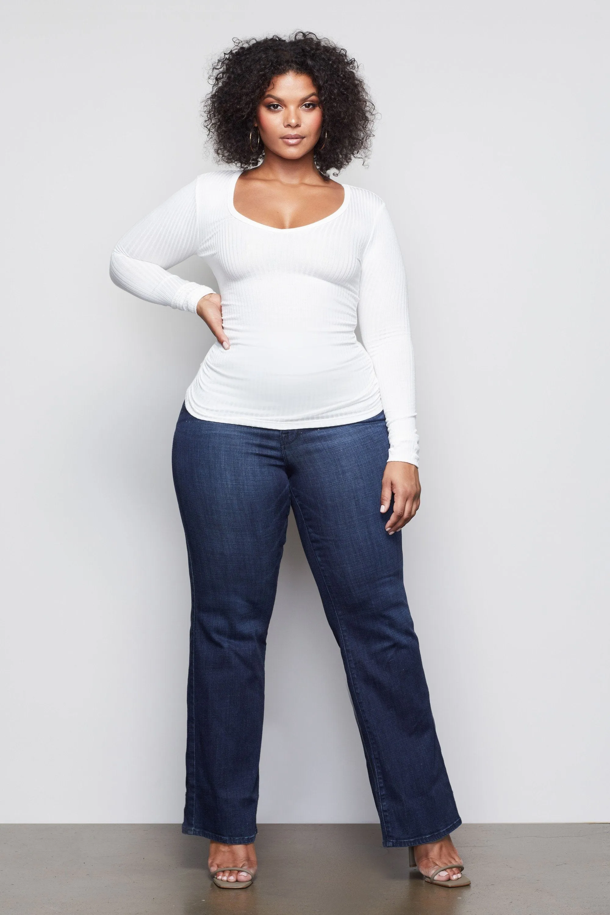 SHIRRED RIB LONG SLEEVE | WHITE001